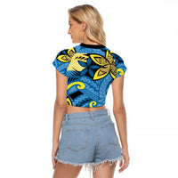 Plumeria Polynesian Pattern Raglan Cropped T Shirt Unique Fantasy Blue Yellow LT01 - Polynesian Pride