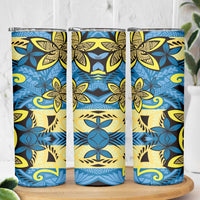 Plumeria Polynesian Pattern Skinny Tumbler Unique Fantasy Blue Yellow