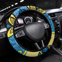 Plumeria Polynesian Pattern Steering Wheel Cover Unique Fantasy Blue Yellow LT01 Universal Fit Blue - Polynesian Pride