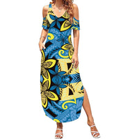 Plumeria Polynesian Pattern Summer Maxi Dress Unique Fantasy Blue Yellow