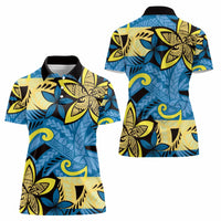 Plumeria Polynesian Pattern Women Polo Shirt Unique Fantasy Blue Yellow