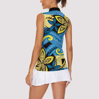 Plumeria Polynesian Pattern Women Sleeveless Polo Shirt Unique Fantasy Blue Yellow