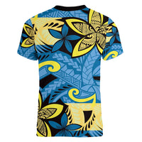 Plumeria Polynesian Pattern Women V-Neck T-Shirt Unique Fantasy Blue Yellow