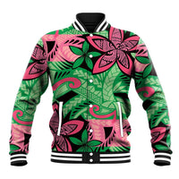 Plumeria Polynesian Pattern Baseball Jacket Unique Fantasy Green Pink LT01 Unisex Green - Polynesian Pride
