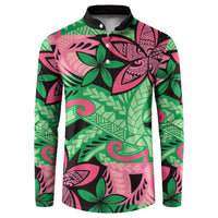 Plumeria Polynesian Pattern Button Sweatshirt Unique Fantasy Green Pink LT01 Green - Polynesian Pride