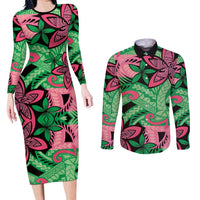 Plumeria Polynesian Pattern Couples Matching Long Sleeve Bodycon Dress and Long Sleeve Button Shirt Unique Fantasy Green Pink LT01 Green - Polynesian Pride