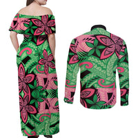 Plumeria Polynesian Pattern Couples Matching Off Shoulder Maxi Dress and Long Sleeve Button Shirt Unique Fantasy Green Pink LT01 - Polynesian Pride
