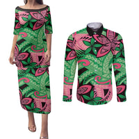 Plumeria Polynesian Pattern Couples Matching Puletasi and Long Sleeve Button Shirt Unique Fantasy Green Pink LT01 Green - Polynesian Pride