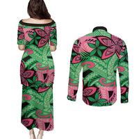 Plumeria Polynesian Pattern Couples Matching Puletasi and Long Sleeve Button Shirt Unique Fantasy Green Pink LT01 - Polynesian Pride