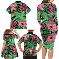 Plumeria Polynesian Pattern Family Matching Long Sleeve Bodycon Dress and Hawaiian Shirt Unique Fantasy Green Pink