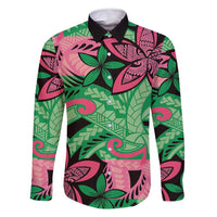 Plumeria Polynesian Pattern Family Matching Long Sleeve Bodycon Dress and Hawaiian Shirt Unique Fantasy Green Pink