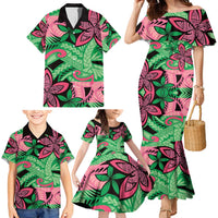 Plumeria Polynesian Pattern Family Matching Mermaid Dress and Hawaiian Shirt Unique Fantasy Green Pink