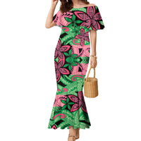 Plumeria Polynesian Pattern Family Matching Mermaid Dress and Hawaiian Shirt Unique Fantasy Green Pink