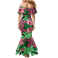 Plumeria Polynesian Pattern Family Matching Mermaid Dress and Hawaiian Shirt Unique Fantasy Green Pink