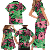Plumeria Polynesian Pattern Family Matching Short Sleeve Bodycon Dress and Hawaiian Shirt Unique Fantasy Green Pink
