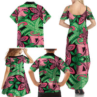 Plumeria Polynesian Pattern Family Matching Summer Maxi Dress and Hawaiian Shirt Unique Fantasy Green Pink