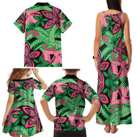 Plumeria Polynesian Pattern Family Matching Tank Maxi Dress and Hawaiian Shirt Unique Fantasy Green Pink