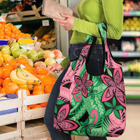 Plumeria Polynesian Pattern Grocery Bag Unique Fantasy Green Pink