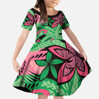 Plumeria Polynesian Pattern Kid Short Sleeve Dress Unique Fantasy Green Pink LT01 KID Green - Polynesian Pride