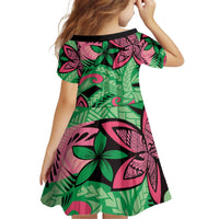Plumeria Polynesian Pattern Kid Short Sleeve Dress Unique Fantasy Green Pink LT01 - Polynesian Pride