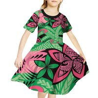 Plumeria Polynesian Pattern Kid Short Sleeve Dress Unique Fantasy Green Pink LT01 - Polynesian Pride
