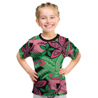 Plumeria Polynesian Pattern Kid T Shirt Unique Fantasy Green Pink LT01 Green - Polynesian Pride