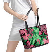Plumeria Polynesian Pattern Leather Tote Bag Unique Fantasy Green Pink