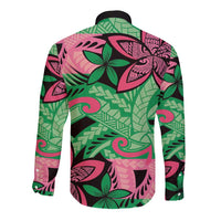 Plumeria Polynesian Pattern Long Sleeve Button Shirt Unique Fantasy Green Pink LT01 - Polynesian Pride