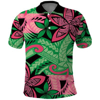 Plumeria Polynesian Pattern Polo Shirt Unique Fantasy Green Pink