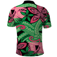 Plumeria Polynesian Pattern Polo Shirt Unique Fantasy Green Pink