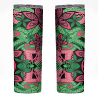 Plumeria Polynesian Pattern Skinny Tumbler Unique Fantasy Green Pink
