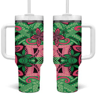 Plumeria Polynesian Pattern Tumbler With Handle Unique Fantasy Green Pink