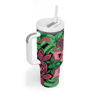Plumeria Polynesian Pattern Tumbler With Handle Unique Fantasy Green Pink