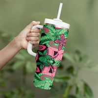 Plumeria Polynesian Pattern Tumbler With Handle Unique Fantasy Green Pink