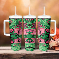 Plumeria Polynesian Pattern Tumbler With Handle Unique Fantasy Green Pink