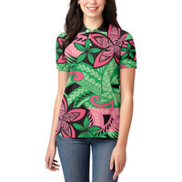 Plumeria Polynesian Pattern Women Polo Shirt Unique Fantasy Green Pink LT01 - Polynesian Pride