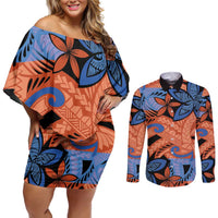 Plumeria Polynesian Pattern Couples Matching Off Shoulder Short Dress and Long Sleeve Button Shirt Unique Fantasy Orange Blue LT01 Orange - Polynesian Pride