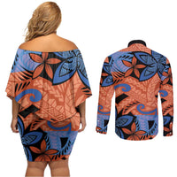 Plumeria Polynesian Pattern Couples Matching Off Shoulder Short Dress and Long Sleeve Button Shirt Unique Fantasy Orange Blue LT01 - Polynesian Pride
