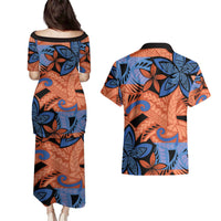 Plumeria Polynesian Pattern Couples Matching Puletasi and Hawaiian Shirt Unique Fantasy Orange Blue LT01 - Polynesian Pride