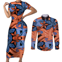 Plumeria Polynesian Pattern Couples Matching Short Sleeve Bodycon Dress and Long Sleeve Button Shirt Unique Fantasy Orange Blue LT01 Orange - Polynesian Pride