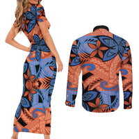Plumeria Polynesian Pattern Couples Matching Short Sleeve Bodycon Dress and Long Sleeve Button Shirt Unique Fantasy Orange Blue LT01 - Polynesian Pride