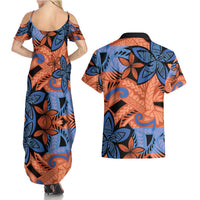 Plumeria Polynesian Pattern Couples Matching Summer Maxi Dress and Hawaiian Shirt Unique Fantasy Orange Blue LT01 - Polynesian Pride