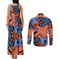 Plumeria Polynesian Pattern Couples Matching Tank Maxi Dress and Long Sleeve Button Shirt Unique Fantasy Orange Blue LT01 - Polynesian Pride