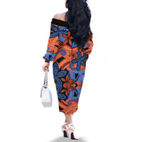 Plumeria Polynesian Pattern Family Matching Off The Shoulder Long Sleeve Dress and Hawaiian Shirt Unique Fantasy Orange Blue