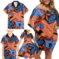 Plumeria Polynesian Pattern Family Matching Off Shoulder Short Dress and Hawaiian Shirt Unique Fantasy Orange Blue