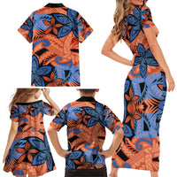 Plumeria Polynesian Pattern Family Matching Short Sleeve Bodycon Dress and Hawaiian Shirt Unique Fantasy Orange Blue