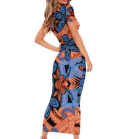 Plumeria Polynesian Pattern Family Matching Short Sleeve Bodycon Dress and Hawaiian Shirt Unique Fantasy Orange Blue