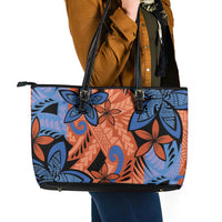 Plumeria Polynesian Pattern Leather Tote Bag Unique Fantasy Orange Blue