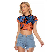 Plumeria Polynesian Pattern Raglan Cropped T Shirt Unique Fantasy Orange Blue LT01 Female Orange - Polynesian Pride
