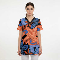 Plumeria Polynesian Pattern Scrub Top Unique Fantasy Orange Blue LT01 - Polynesian Pride